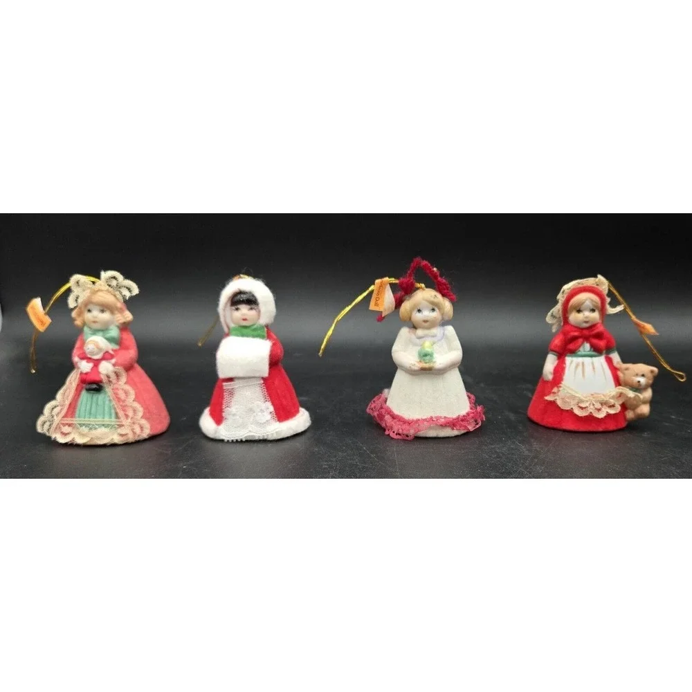 4 Vtg Bell Girl Figurine Figure Ornament‎ Christmas Caroler Jasco Taiwan